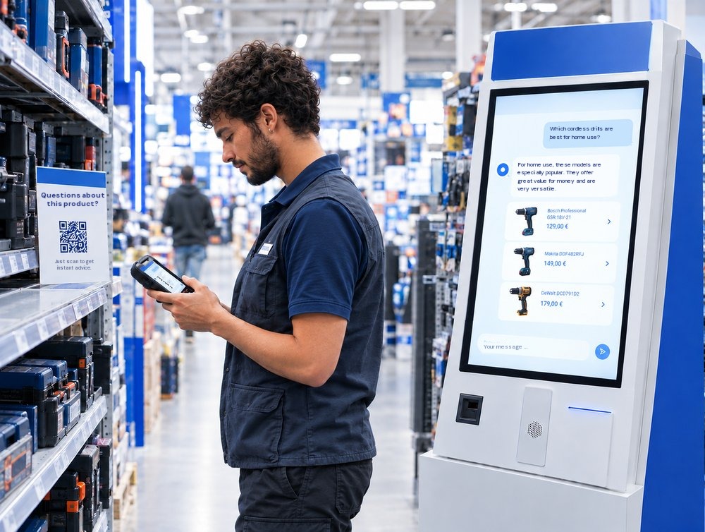 Customer using the homie AI in-store advice kiosk in a DIY store