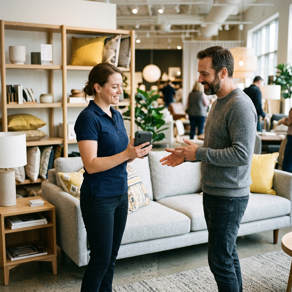Furniture store employee checking product details on a handheld device for a customer