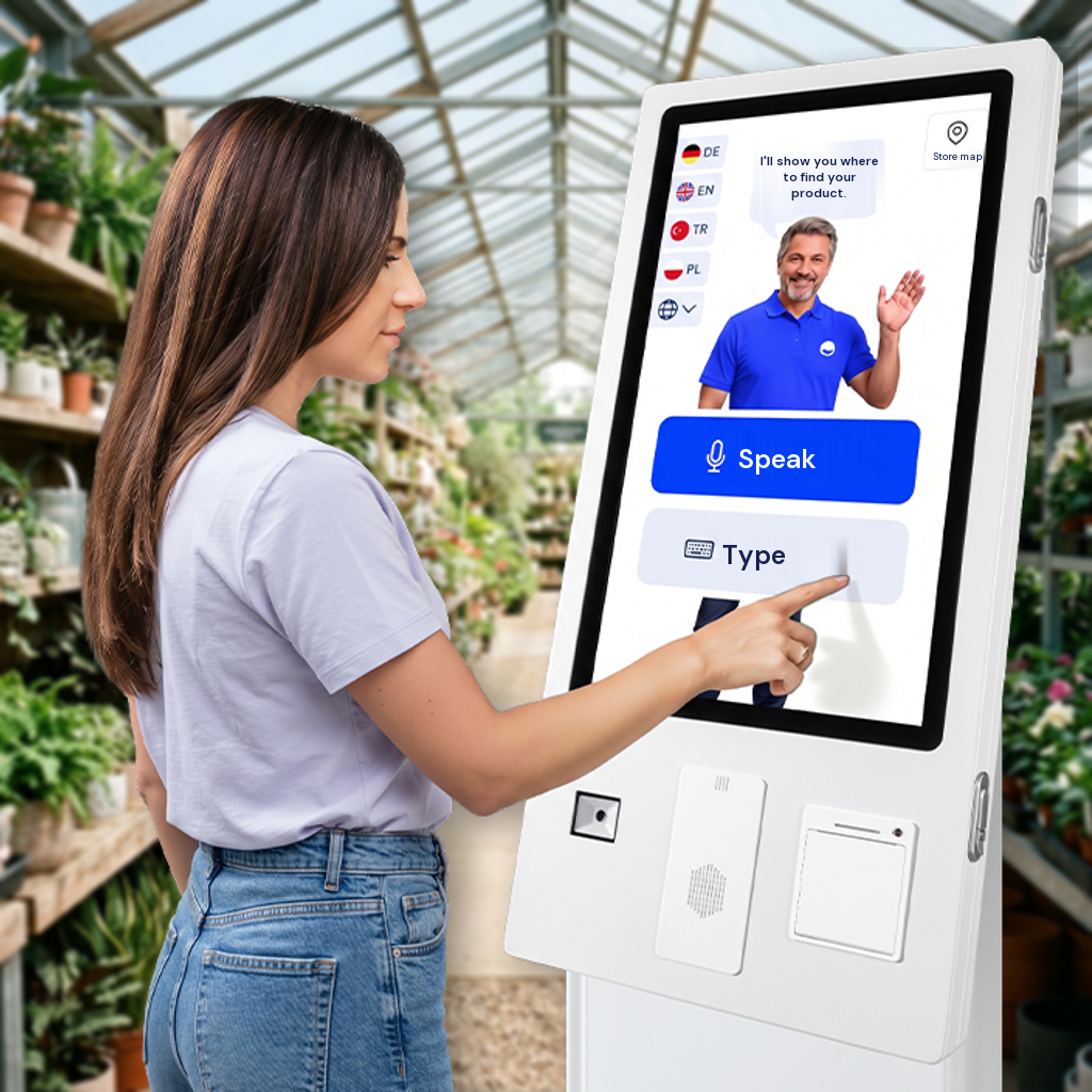 Customer using the homie AI in-store kiosk at a garden center