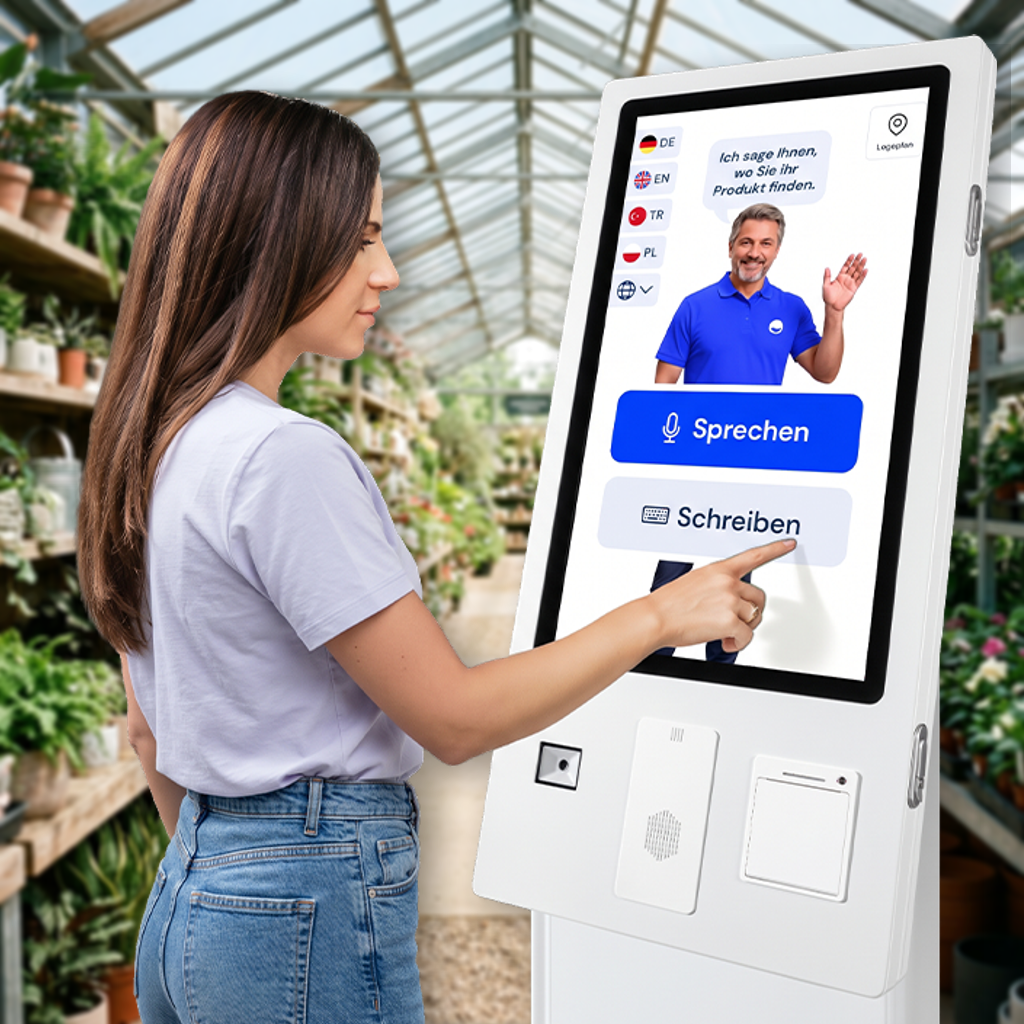Kundin bedient im Gartencenter das homie AI Beratungsterminal